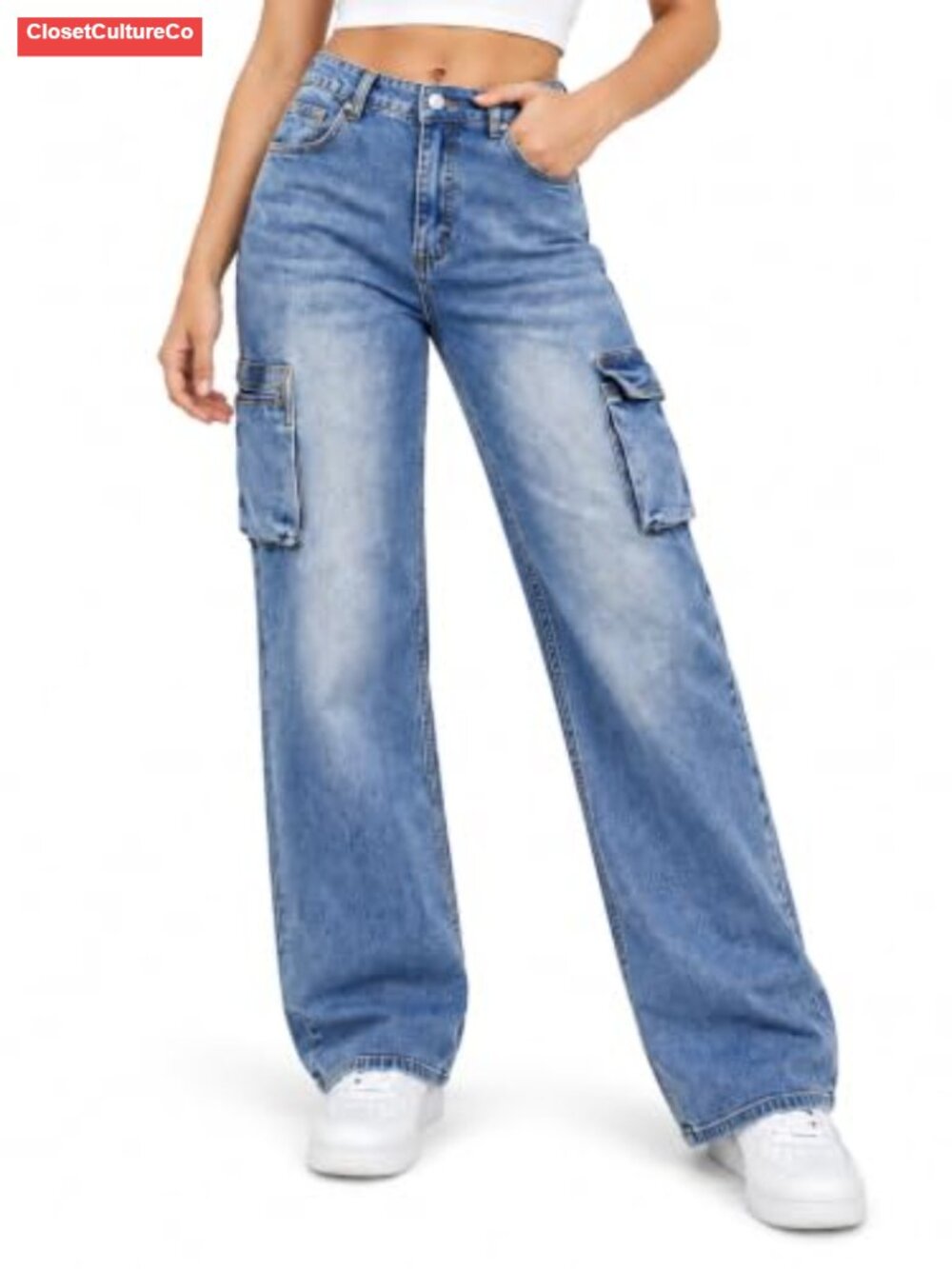High Waisted Cargo Jeans Womens Baggy Straight Leg Cotton Blend Denim Pants